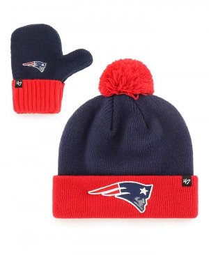 Вязаная шапка унисекс темно-синего и красного цвета New England Patriots Bam с манжетами, комплект помпоном варежками '47 Brand, синий '47 Brand
