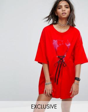 Платье-футболка с принтом рыб и шнуровкой Vintage Milk It. Цвет: красный