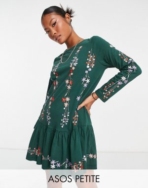 Бутылочно-зеленое платье-халат с длинными рукавами, заостренным краем и цветочной вышивкой ASOS DESIGN Petite