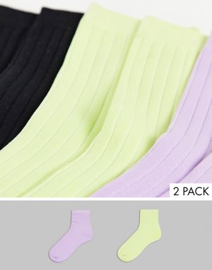 Набор из 3 пар однотонных нейлоновых носков до щиколотки в рубчик лаймового, сиреневого и черного цвета -Разноцветный Topshop