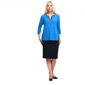 Блуза Olsi, классический стиль, полуприлегающий силуэт, укороченный рукав, однотонная, размер 54, голубой, бирюзовый plus size OLS. Цвет: голубой