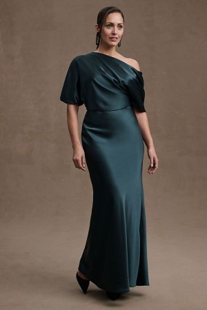 Платье Pryce атласное с открытыми плечами, темно-зеленый Amsale