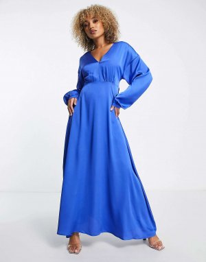 Кобальтово-синее атласное платье макси с запахом и пышной юбкой Liquorish