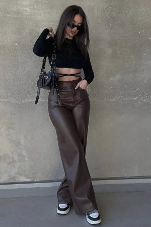 Коричневые кожаные брюки Mad Girls Mg1316 , коричневый Madmext