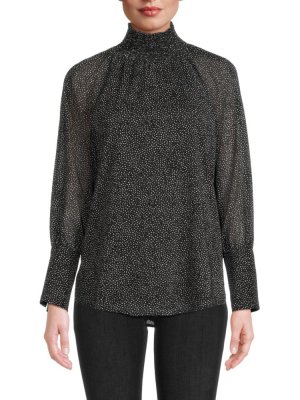 Блузка в горошек со сборками , цвет Black Multi Donna Karan