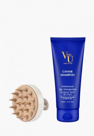 Набор для ухода за волосами Von U Очищение и уход жесткими кудрявыми / Массажная щетка головы шампунь волос с экстрактом икры Caviar Shampoo & Brush Set, 200 мл. Цвет: разноцветный