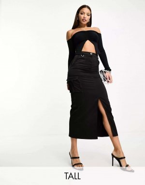 Черная атласная юбка миди с карманами-карго NaaNaa