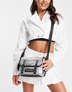 Серебристая сумка-портфель с логотипом -Серебристый Love Moschino
