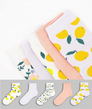 Набор из 5 пар носков с разноцветным фруктовым принтом смесового хлопка Polly-Multi Monki