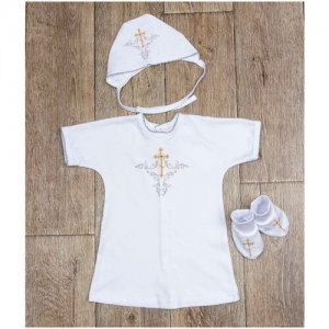 Крестильный комплект детский, рубашка, чепчик, пинетки, размер 68, белый puZZiki. Цвет: белый