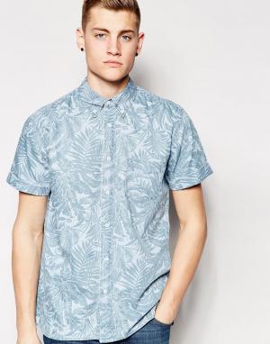 Джинсовая рубашка с лиственным принтом и короткими рукавами Hoxton Den Denim. Цвет: синий