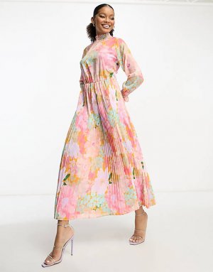Платье макси с высоким воротником и плиссированной юбкой ярким весенним цветочным принтом Trendyol