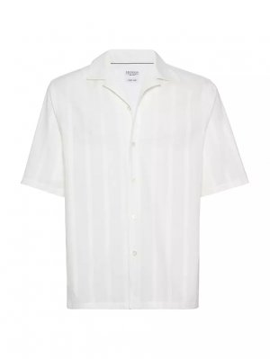 Легкая панамская рубашка в фактурную полоску с короткими рукавами и походным воротником , цвет off white Brunello Cucinelli