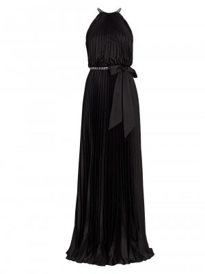 Атласное плиссированное платье с поясом и цепочкой , черный ML Monique Lhuillier