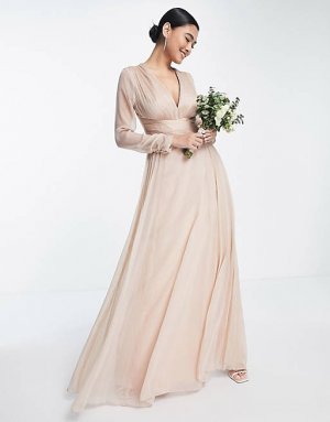 Светло-розовое платье макси со сборками на талии, длинными рукавами и плиссированной юбкой DESIGN Bridesmaid Asos
