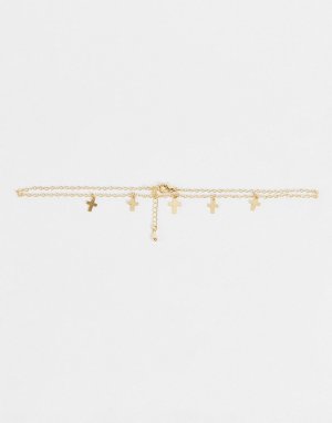 Золотистое ожерелье-чокер с подвесками-крестами -Золотистый DesignB London
