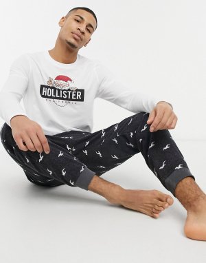 Подарочный комплект одежды для дома из джоггеров и лонгслива с новогодним логотипом -Серый Hollister