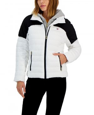 Женское пальто с капюшоном и цветными блоками , белый Tommy Hilfiger