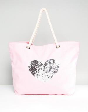 Хлопковая пляжная сумка с сердцем из пайеток South Beach. Цвет: розовый
