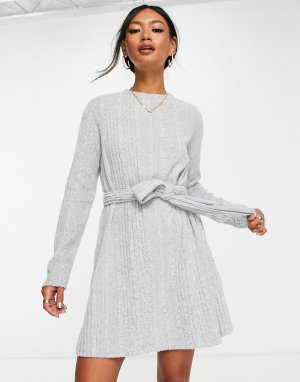 Супермягкое мини-платье с длинными рукавами и поясом ASOS DESIGN серого меланжевого цвета