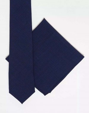 Узкий галстук и нагрудный платок синего цвета с узором гусиные лапки Noak