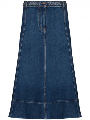 Джинсовая юбка миди с плетеным поясом Valentino. Цвет: синий