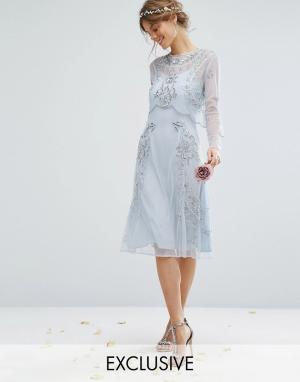 Платье миди с отделкой и съемным кроп-топом Amelia Rose. Цвет: синий