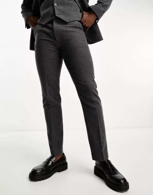 Темно-серые узкие костюмные брюки из смесовой шерсти с узором «елочка» Asos. Цвет: серый