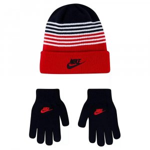 Детский набор: шапка и перчатки Striped Beanie & Gloves Set Nike. Цвет: черно-красный