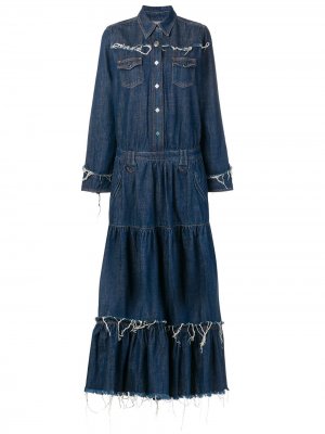 Джинсовое платье макси с бахромой Alanui. Цвет: синий