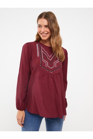 Блузка для беременных с круглым вырезом и вышивкой длинными рукавами , бордовый LC Waikiki