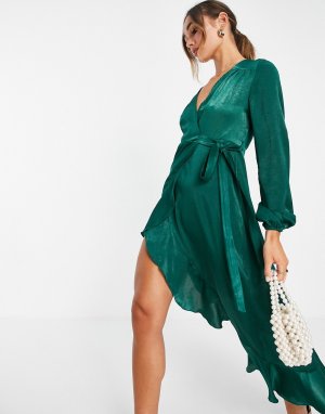 Изумрудно-зеленое атласное платье макси с длинными рукавами и запахом -Зеленый цвет Flounce London