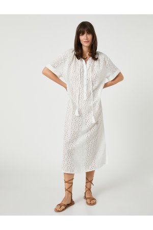 Длинное платье-рубашка с фестонами и коротким рукавом , белый Koton
