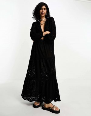 Черное летнее платье макси с длинными рукавами IIsla & Bird