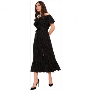 Платье сарафан в горох, летнее, выпускное, на бал, открытые плечи с воланом, юбка колокольчик цвет черный, размер XL AnyMalls. Цвет: черный