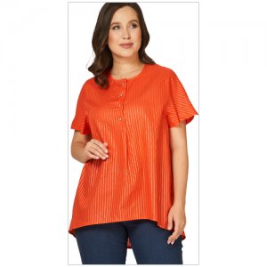Блуза Olsi, повседневный стиль, трапеция силуэт, короткий рукав, в полоску, размер 52, бежевый plus size OLS. Цвет: оранжевый