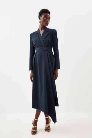 Мягкое приталенное платье миди с драпировкой и поясом, длинными рукавами , темно-синий Karen Millen