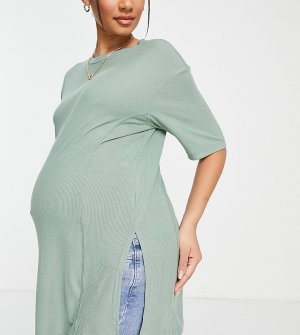 Бирюзовая oversized-футболка в рубчик с разрезами по бокам и декоративными строчками ASOS DESIGN Maternity-Зеленый цвет Maternity