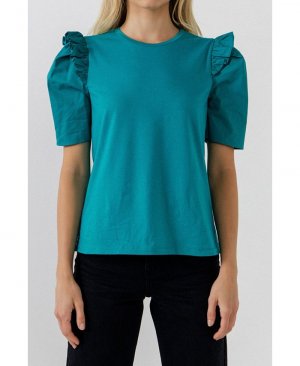 Женская мини-футболка с пышными рукавами и рюшами , цвет Teal English Factory