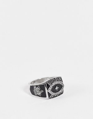 Кольцо-печатка серебристого и черного цвета с дизайном чемпионата по футболу -Серебристый ASOS DESIGN