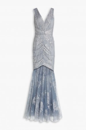 Платье из блестящего тюля со сборками MARCHESA NOTTE, серый Notte