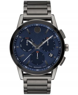 Мужские швейцарские музейные часы с хронографом, спортивные серые браслетом из нержавеющей стали PVD-покрытием, 43 мм Movado