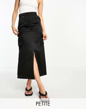 Черная атласная юбка миди с карманами-карго NaaNaa