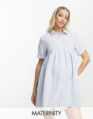 Хлопок: свободное многоярусное мини-платье-рубашка для беременных в синей клетчатой ткани Cotton On