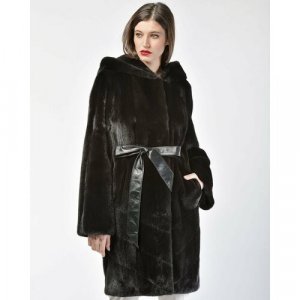 Пальто , норка, силуэт полуприлегающий, капюшон, пояс/ремень, размер 40, черный Manakas Frankfurt. Цвет: черный
