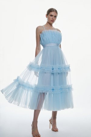 Многоярусное платье миди из тюля-бандо , синий Karen Millen