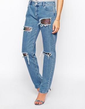 Рваные джинсы бойфренда с контрастными вставками House of Holland. Цвет: синий