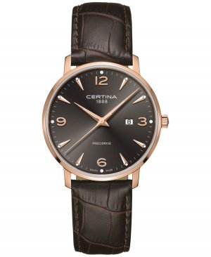 Часы унисекс Swiss DS Caimano с коричневым кожаным ремешком, 39 мм , серый Certina