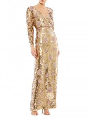 Украшенное платье-колонна с запахом и длинными рукавами , золотой Mac Duggal
