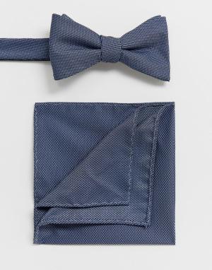 Синий фактурный галстук-бабочка и платок-паше -Темно-синий Selected Homme